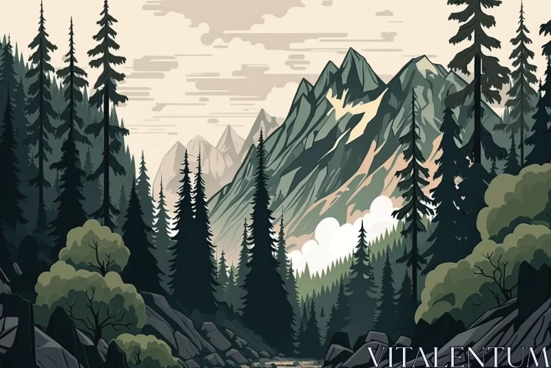 Bold Graphic Comic Book Art: Mountains and Trees in the Forest AI Image