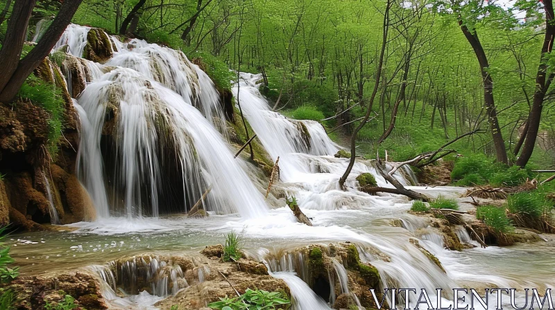 Captivating Waterfall in a Lush Forest - Nature Photography AI Image