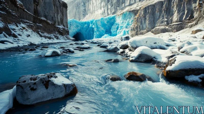Captivating Winter Landscape: Frozen River, Snow-Covered Rocks, Mountains AI Image