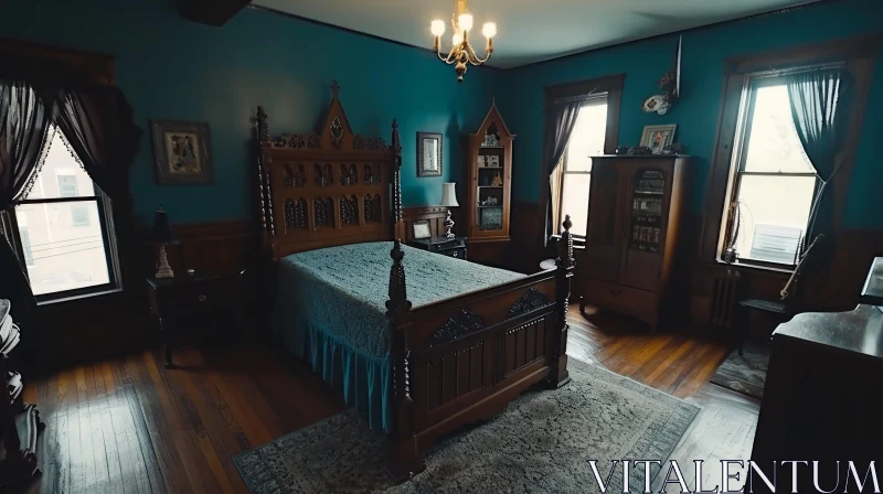AI ART Dark and Gothic Bedroom with Carved Wooden Furniture