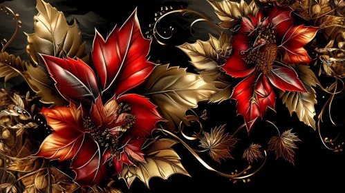 Detailed and Realistic Floral Arrangement with Red and Gold Flowers