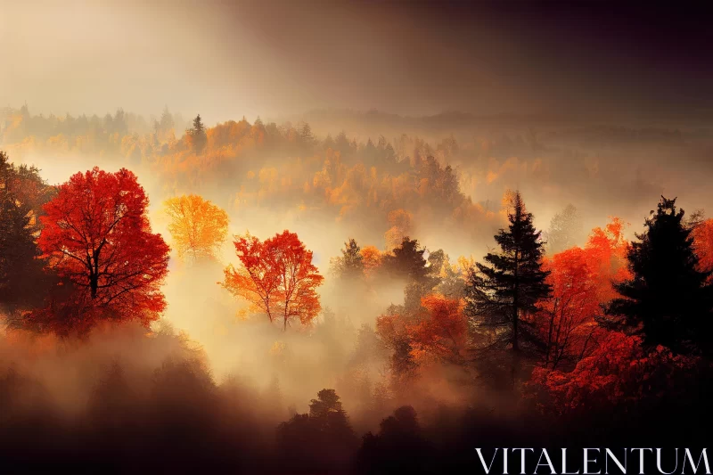 Enchanting Forest in Fog with Orange Color Trees - Mesmerizing Landscapes AI Image