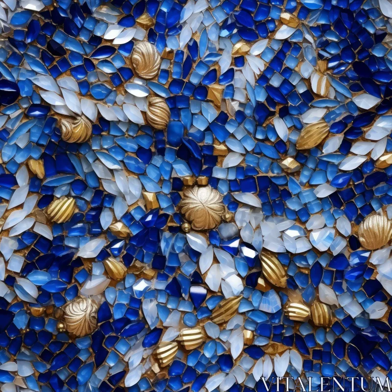 Intricate Blue and Gold Mosaic on White Background AI Image