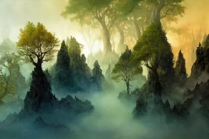 Mist-Covered Forest: Exotic Fantasy Landscapes in Green and Bronze
