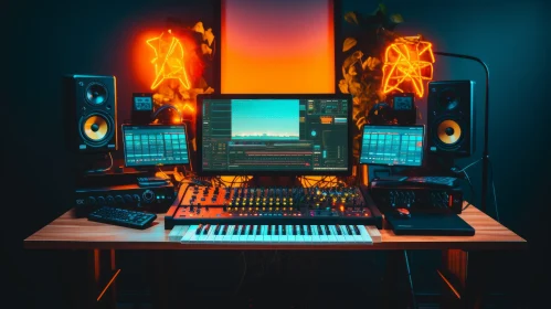 Music Producer Desk with Neon Sign and Computers