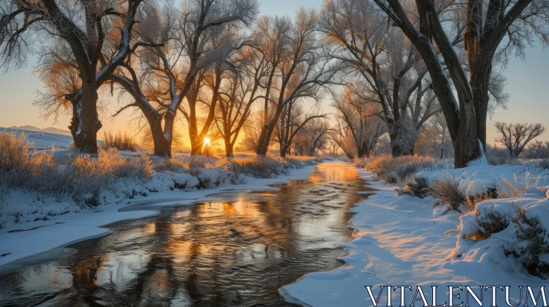 Serene Winter Landscape: Snow-Covered Trees and Bright Sunshine AI Image
