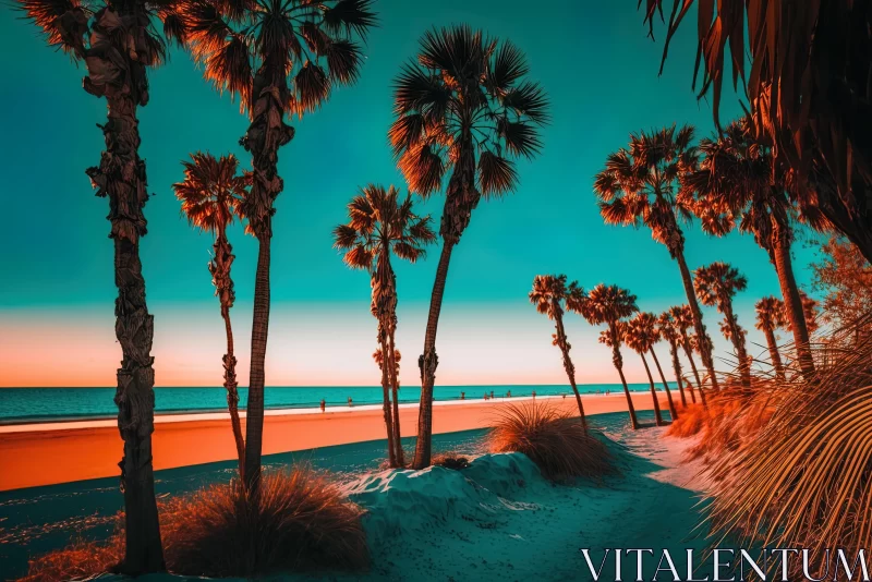 Spectacular Sunset Beach Scene with Palm Trees and Ocean AI Image
