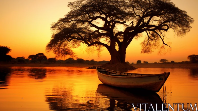 AI ART Tranquil Sunset: Romanticized Boat on African-Inspired Waters