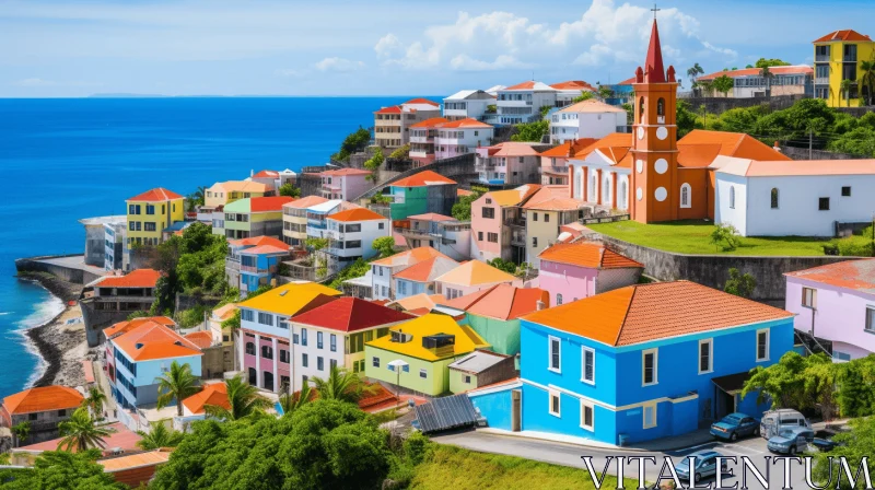 Captivating Colorful Houses on Hillside Overlooking Ocean AI Image