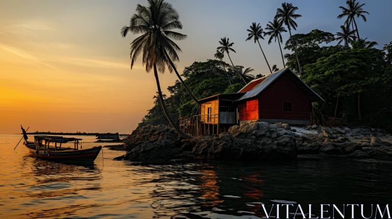 AI ART Captivating Red House on Ocean with Palm Trees and Fishing Boat