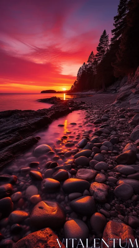 Captivating Rocks and Water Under a Vibrant Red Evening Sky AI Image