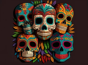 Colorful Sugar Skulls and Leaves: Hyper-Detailed Portraits in Pop Art Style