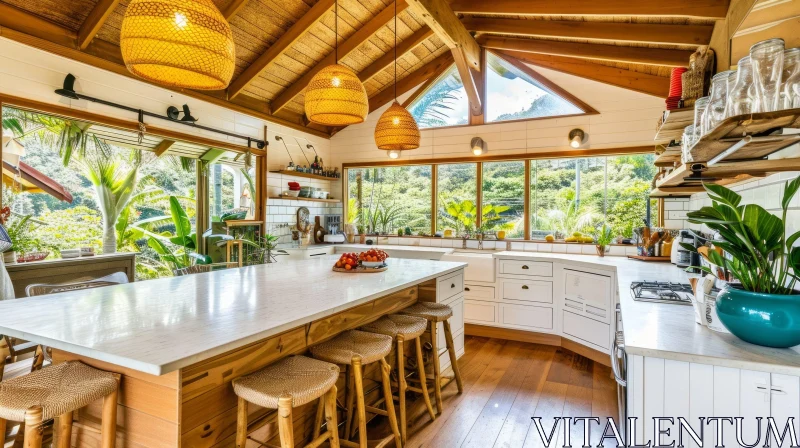 Exquisite Kitchen with High Ceiling and Wooden Beams AI Image