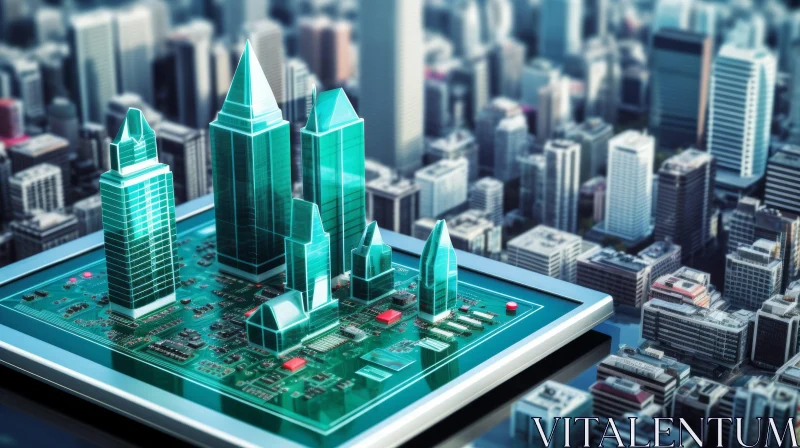 Futuristic Green Glass City on Circuit Board - 3D Rendering AI Image
