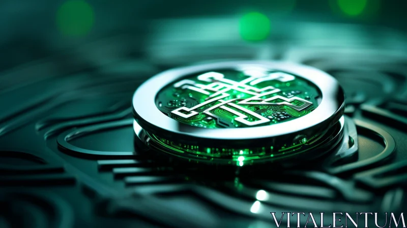 Futuristic Green Glowing Circuit Board with Coin AI Image