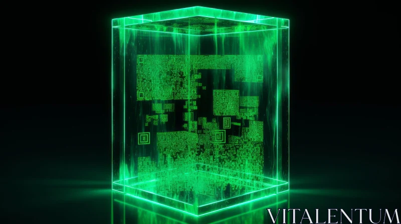 Green Glowing 3D Cube with Binary Code AI Image