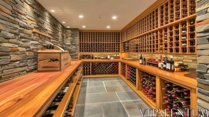 Luxurious Wine Cellar with Stone Walls and Wooden Shelves AI Image