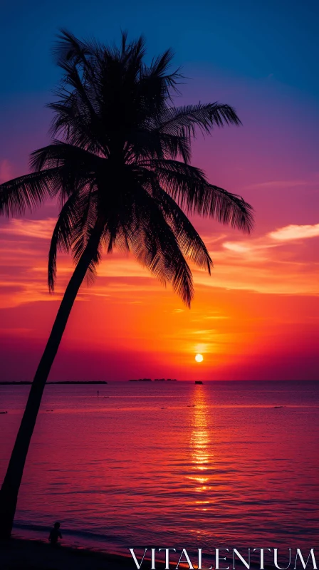 Romantic Silhouette of Palm Tree Against Tropical Ocean View AI Image