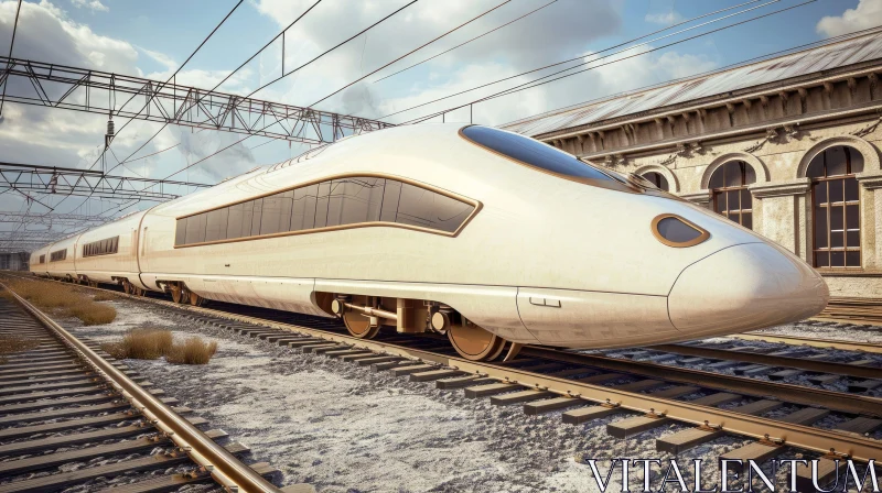 Sleek High-Speed Train Approaching Station | Realistic Image AI Image