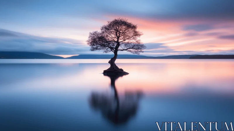 Solitary Tree on the Edge of a Tranquil Lake - Scottish Landscapes AI Image