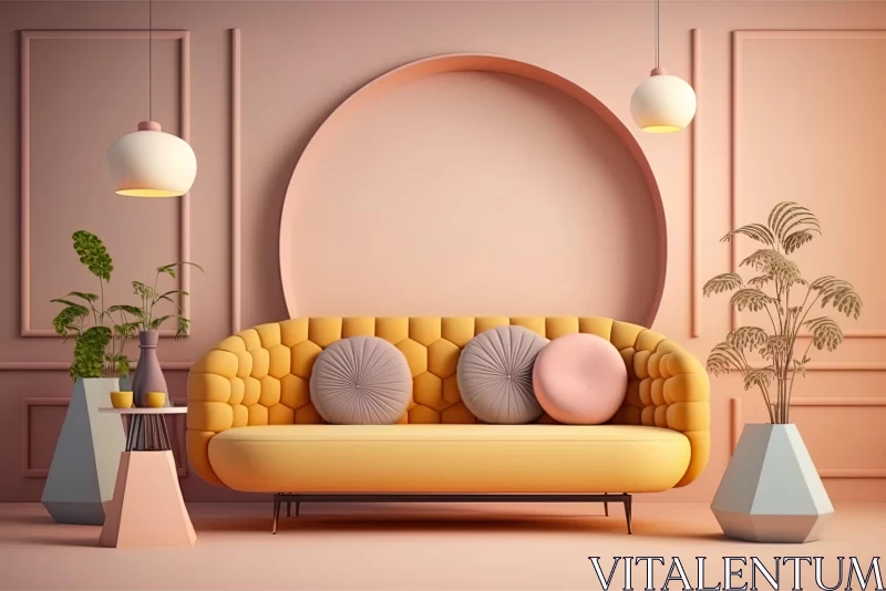 AI ART Trendy 3D Rendering of a Room with Yellow Pillows and Plants