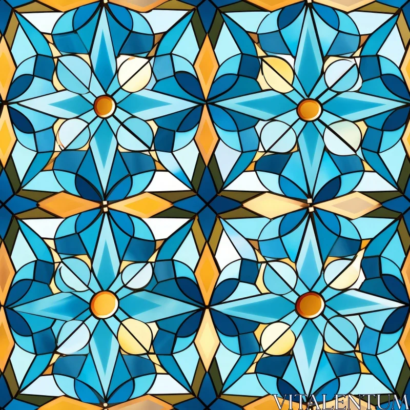 AI ART Blue and Yellow Floral Stained Glass Pattern