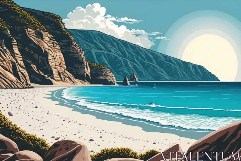 Captivating Art Nouveau Depiction of Beach with Sea and Mountains AI Image