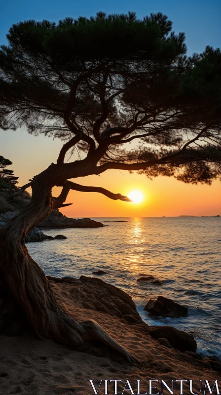Captivating Sunset Over the Ocean with Twisted Branches | Mediterranean Landscapes AI Image
