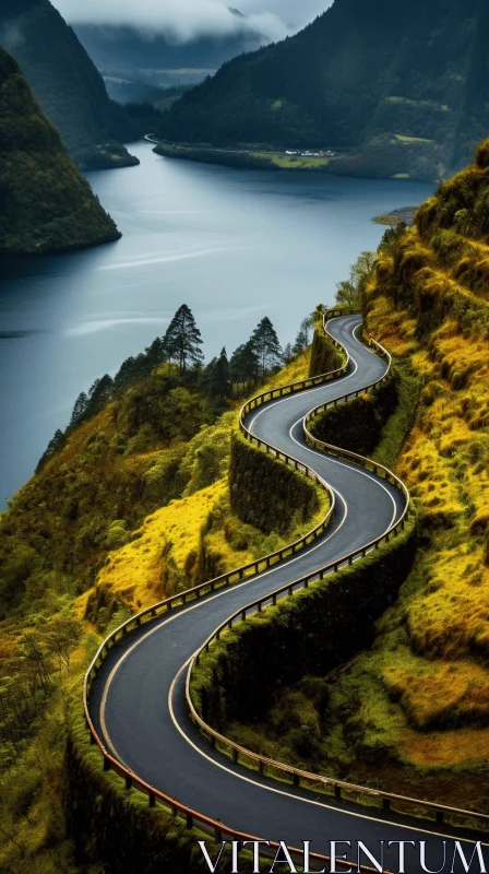Captivating Winding Road Around Majestic Mountain and Serene Lake AI Image