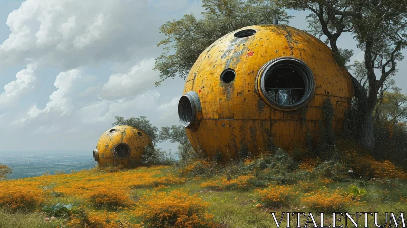Enigmatic Yellow Metallic Spheres on Grassy Hill | Post-Apocalyptic Art AI Image