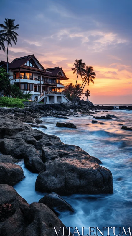 AI ART Exotic Coastal Beauty: Houses on Rocky Beach with Palm Trees