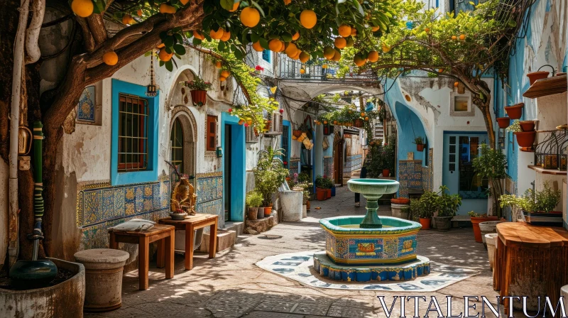 Serene Courtyard with Fountain and Orange Trees AI Image
