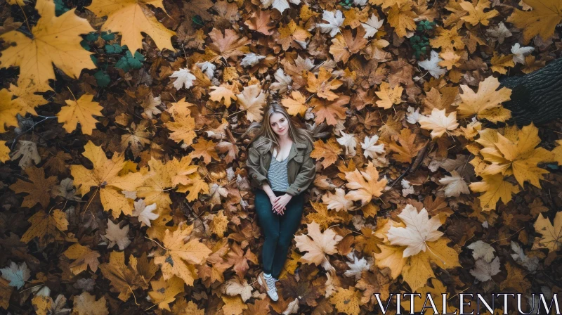 Stunning Portrait of a Smiling Woman on a Bed of Fallen Leaves AI Image