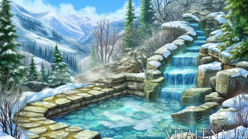 Winter Landscape with Frozen Waterfall and Natural Pool AI Image