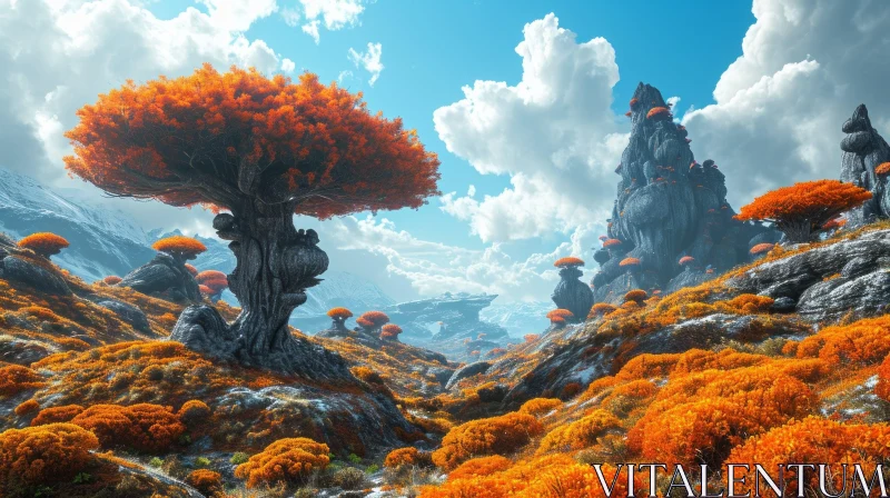 Alien Planet Landscape: Beautiful Sky, Orange Plants, and Rocky Mountains AI Image