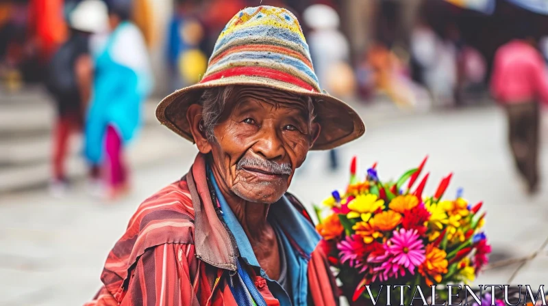 AI ART Colorful Striped Hat: Portrait of an Old Man in a Market