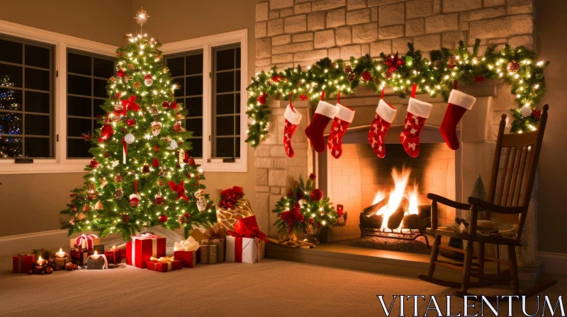Cozy Christmas Living Room Decoration with Fireplace and Tree AI Image