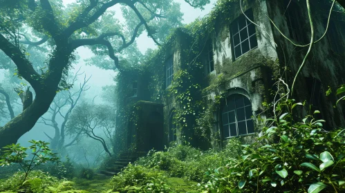 Enigmatic Digital Painting of a Ruined Mansion in a Forest