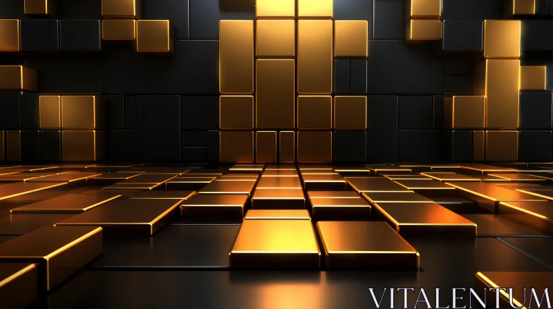 Futuristic Golden Cubes Room | Abstract 3D Rendering AI Image