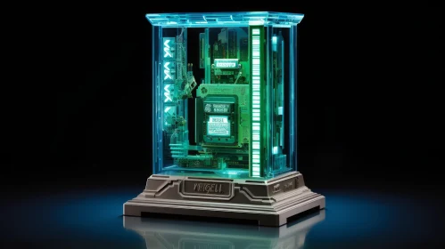 Glass Computer Case 3D Rendering with Green and Blue Lights