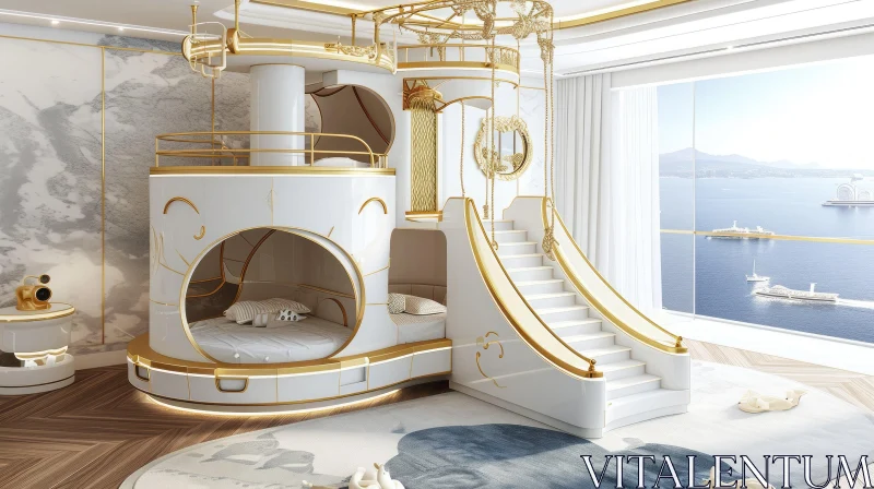 Luxurious Children's Room with White and Gold Bunk Bed | Ocean View AI Image