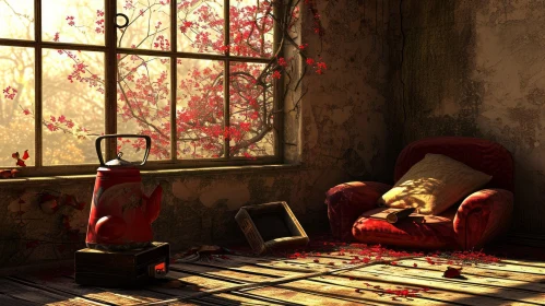 Post-apocalyptic Image: Red Armchair in a Broken Room