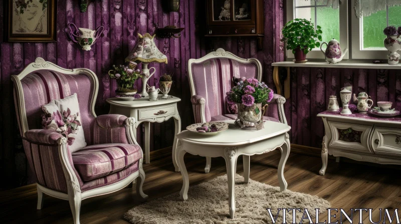 Vintage-style Cozy Living Room with Armchairs and Floral Curtains AI Image
