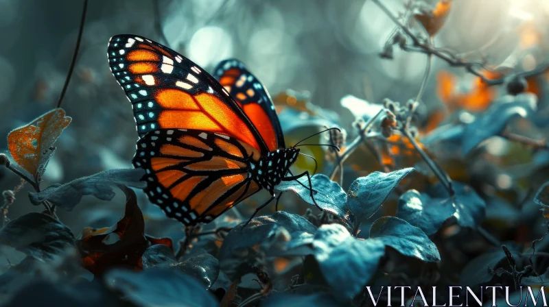 Close-Up of a Monarch Butterfly on a Green Leaf AI Image