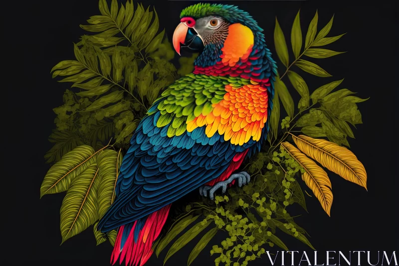 Colorful Parrot Perched on Leaves and Branches - Highly Detailed Illustration AI Image
