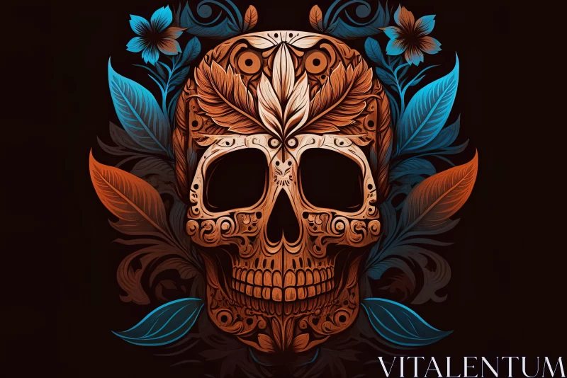 Intricate Skull with Orange and Blue Leaves on Black Background AI Image