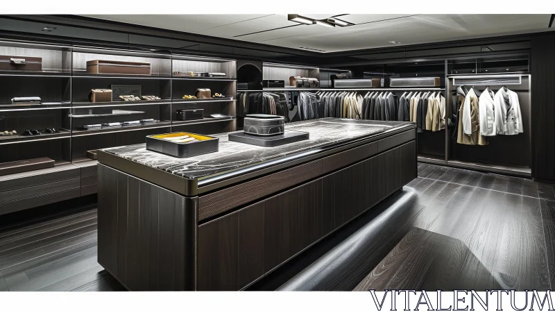 Luxurious Walk-In Closet with Dark Wood Cabinets and Marble Countertops AI Image