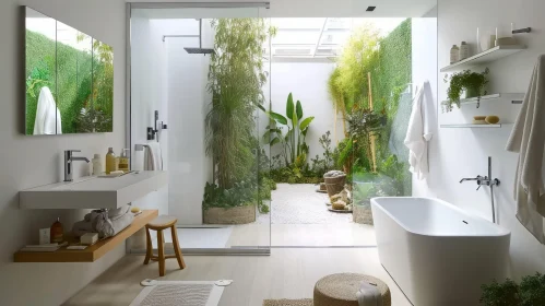 Modern Bathroom with Glass Window and Lush Garden View