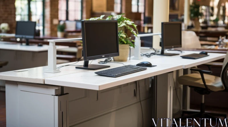 Modern Office Workstations with Computer Monitors and Plant AI Image