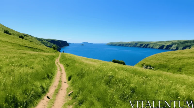 Serenity of Nature: A Captivating Mountain Path Leading to a Blue Ocean AI Image